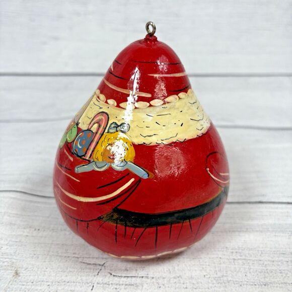 Santa Gourd Christmas Ornament 5” Red Hand Painted Toy Sack Argentina - Picture 3 of 5